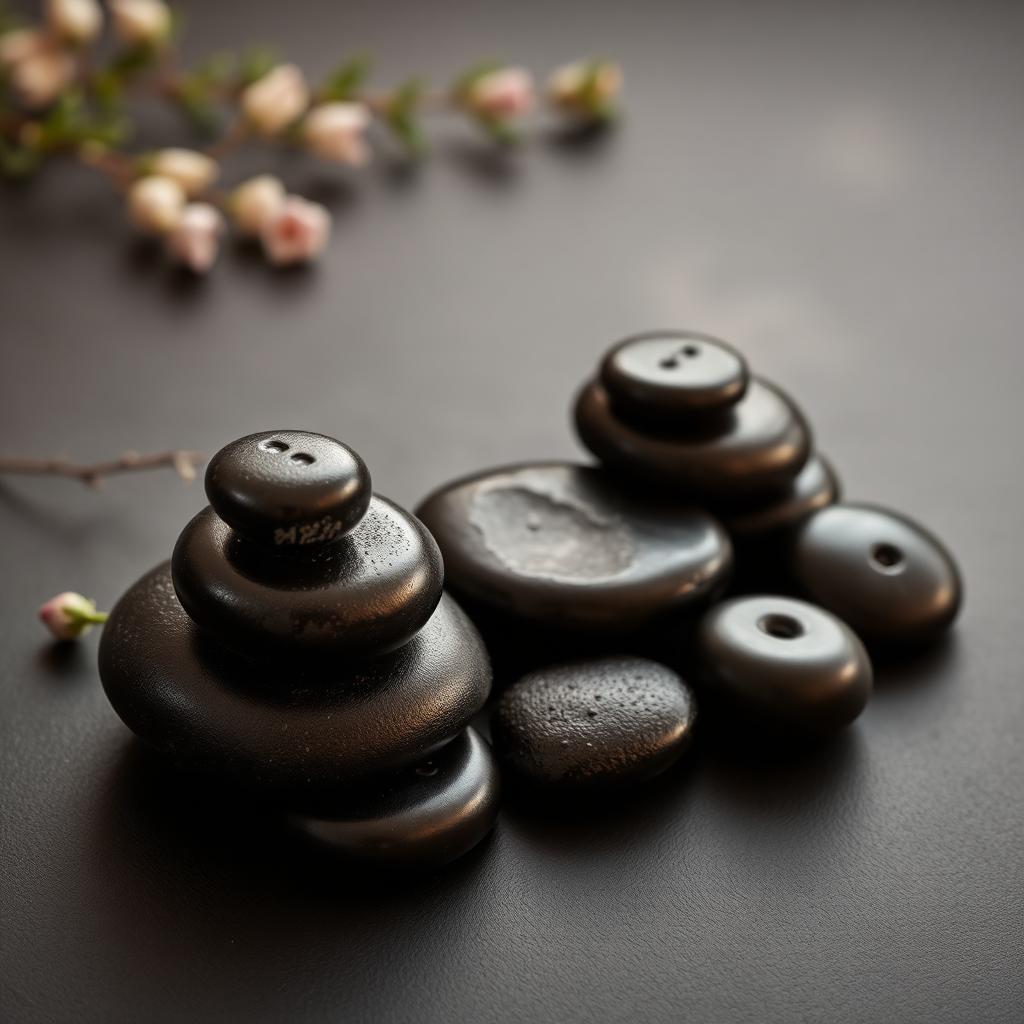 Smooth hot stones arranged on a dark surface