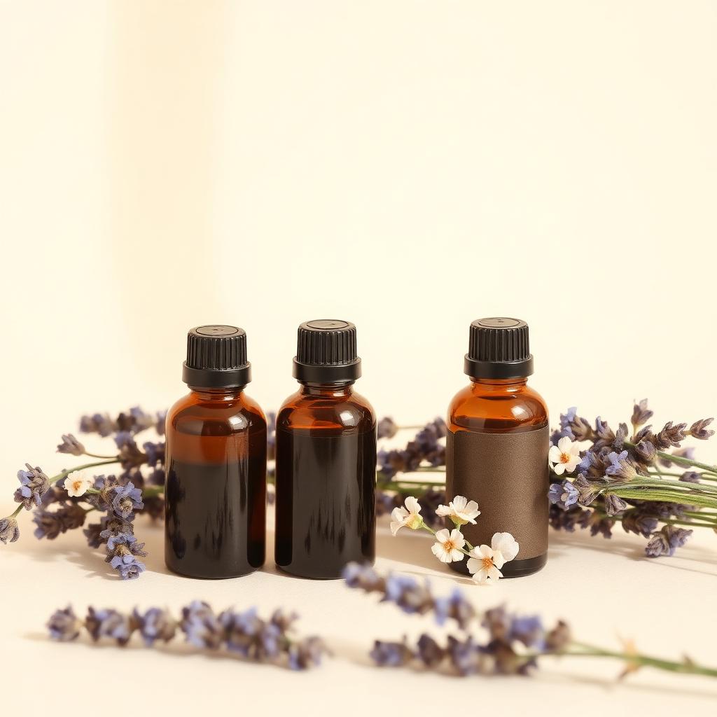Aromatherapy oil bottles with dried lavender