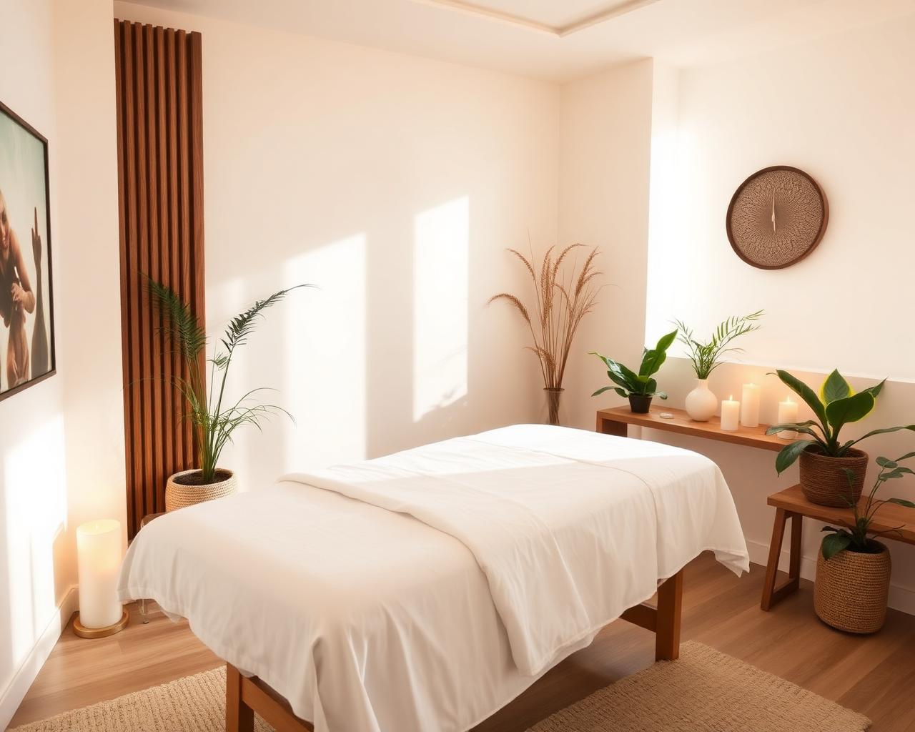 Calm spa treatment room with massage table and candles