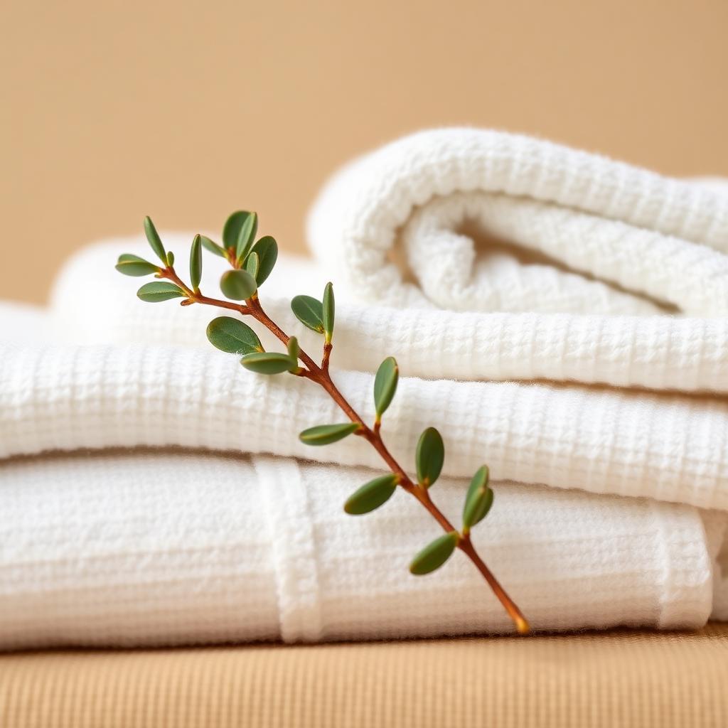 Folded white spa towels with eucalyptus sprig